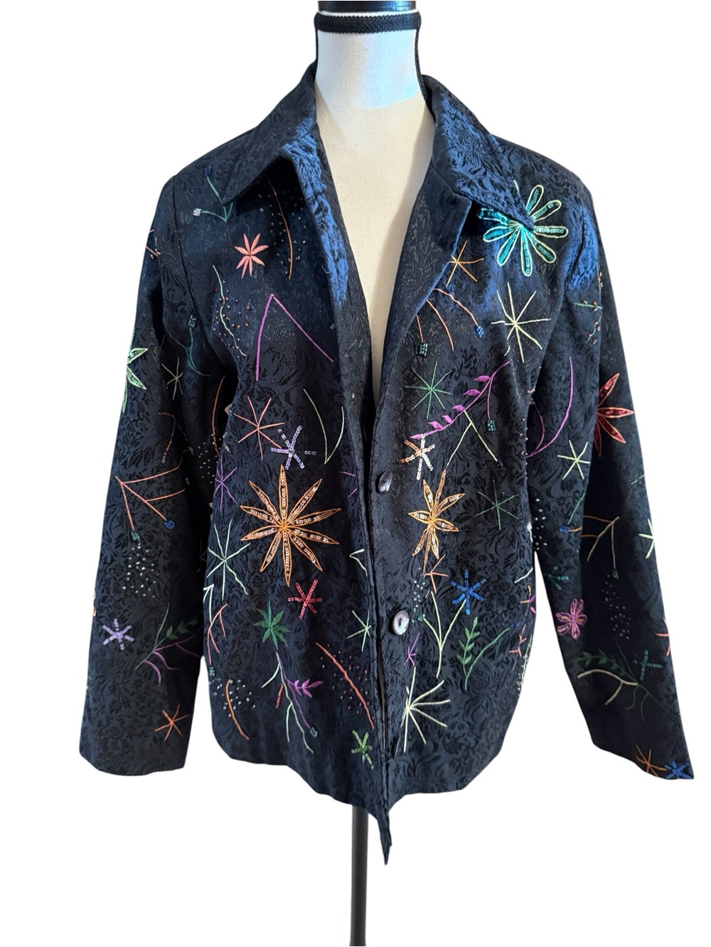 Indigo moon Embroidered Black Floral Blazer - beaded multicolor